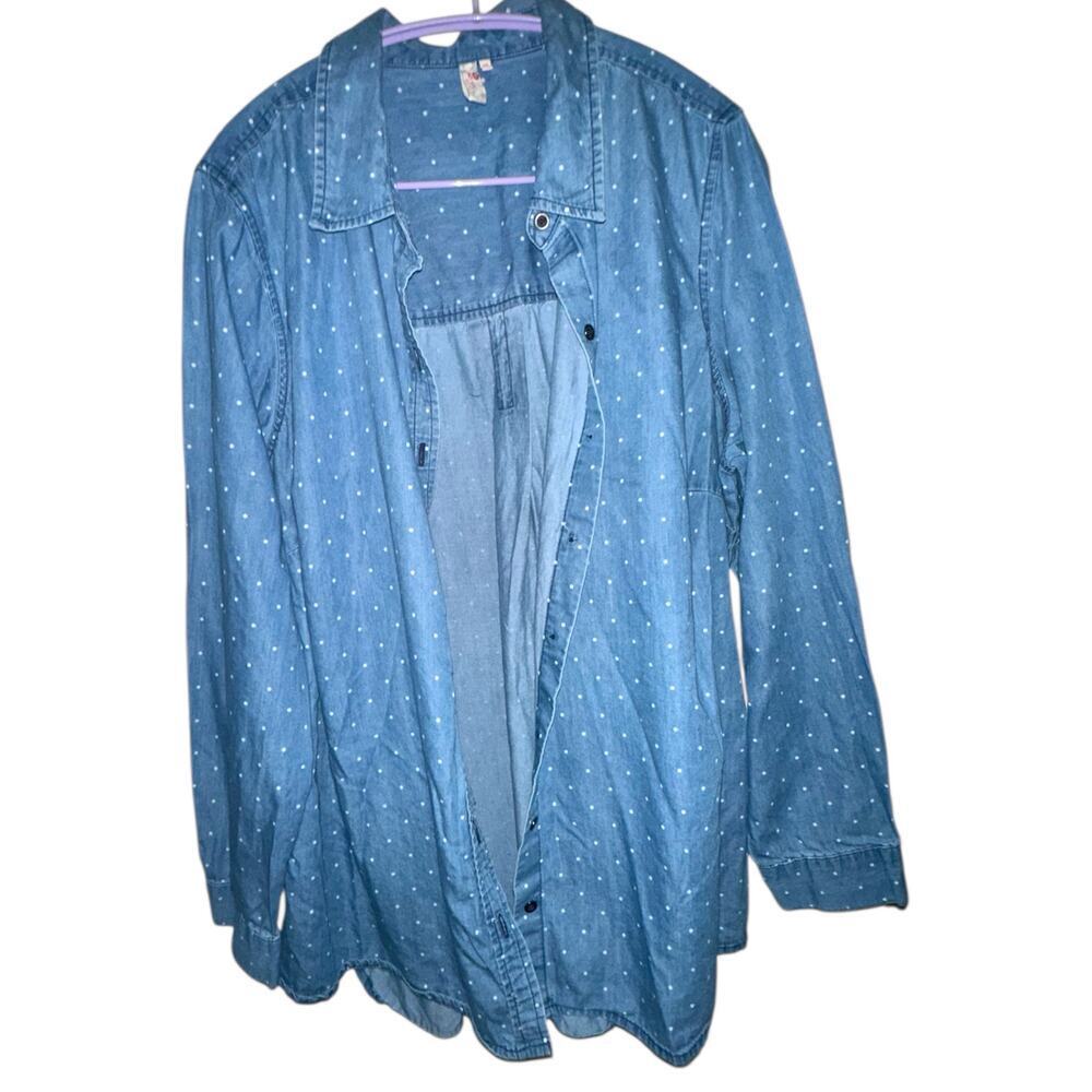 Red Camel Chambray Polka Dot Button Front Shirt | plus Size 2X - Picture 4 of 5